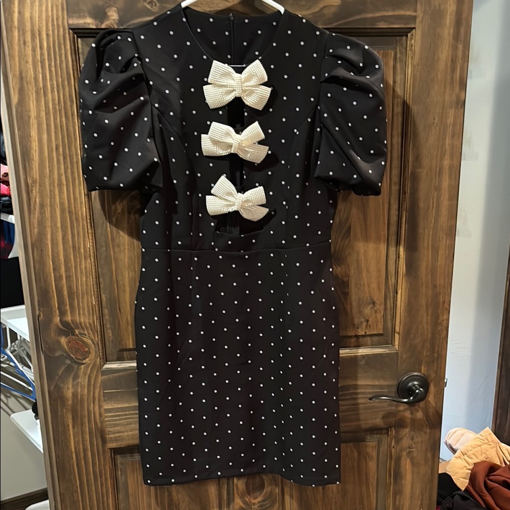 Charming Black Polka Dot Dress with Bows